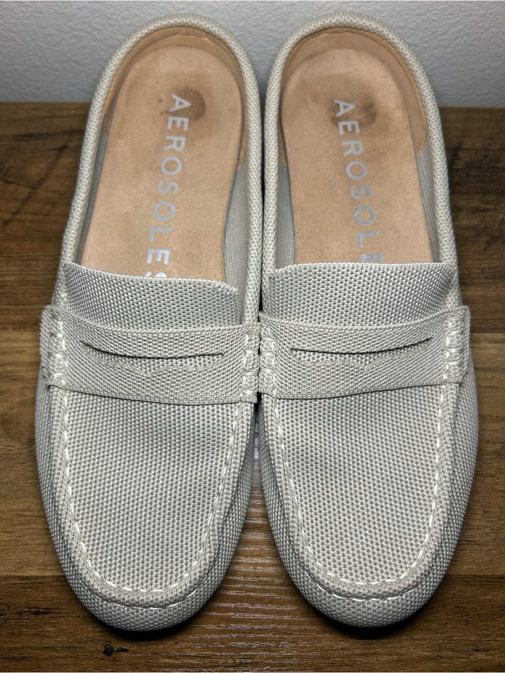 AEROSOLES Off-White Canvas Slip-On Flats with Beige Soles